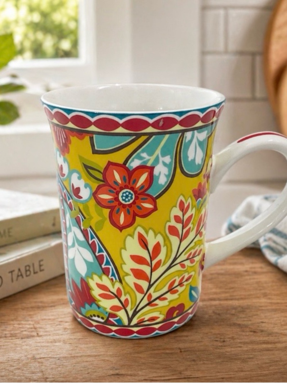Vera Bradley Provencal Floral Mug Yellow Paisley Coffee Tea Cup Boho Ceramic